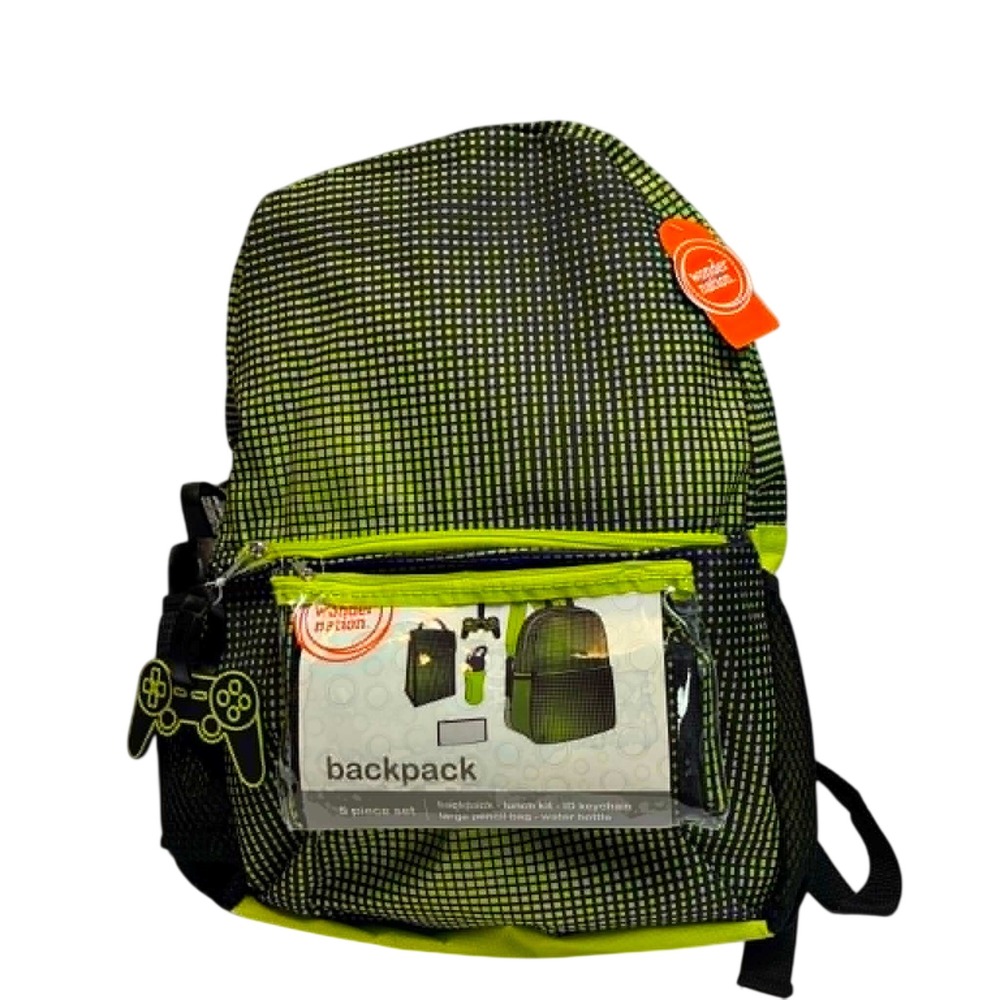Wonder Nation Backpack 5 Piece Set Kids One Size Green Gamer Grid Pattern